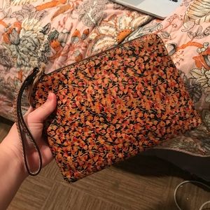 Floral Real Leather Zippered Clutch